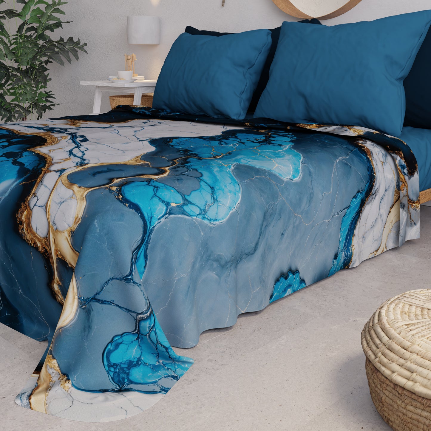 Copriletto Estivo, Coperta Leggera, Lenzuola Copriletto Effetto Marmo Blu Notte - NAVYGLO