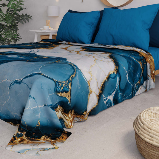 Couvre-lit d'été, Couverture légère, Draps de couvre-lit effet marbre bleu océan - OCEAGLINT