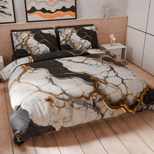 Housse de Couette Double, Simple, 1 Place et Demie, Effet Marbre Noir