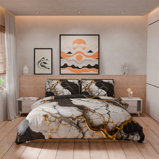Housse de Couette Double, Simple, 1 Place et Demie, Effet Marbre Noir