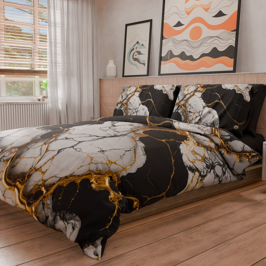 Housse de Couette Double, Simple, 1 Place et Demie, Effet Marbre Noir