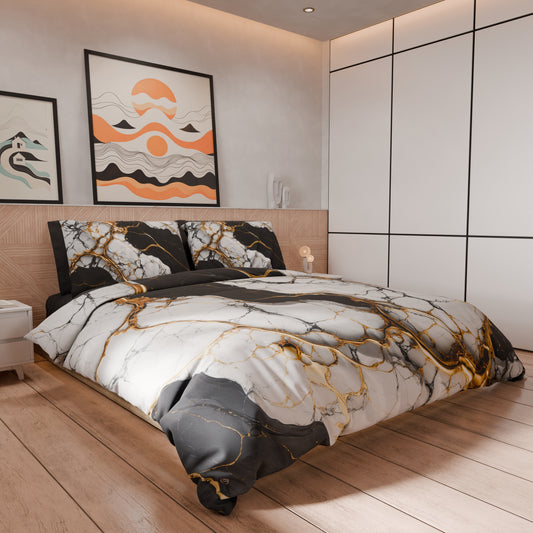 Housse de Couette Double, Simple, 1 Place et Demie, Effet Marbre Noir