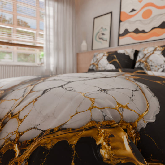 Housse de Couette Double, Simple, 1 Place et Demie, Effet Marbre Noir