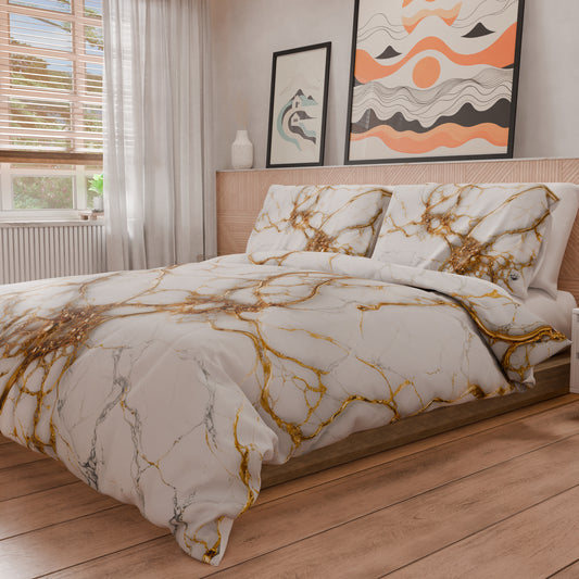 Housse de Couette Double, Simple, 1 Place et Demie, Effet Marbre Blanc