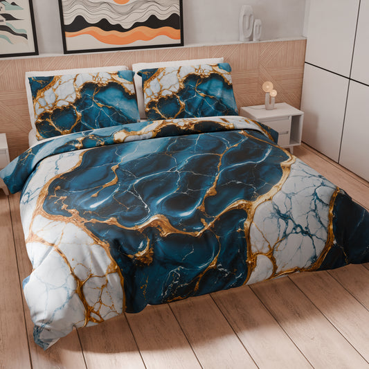 Housse de Couette Double, Simple, 1 Place et Demie, Effet Marbre Bleu