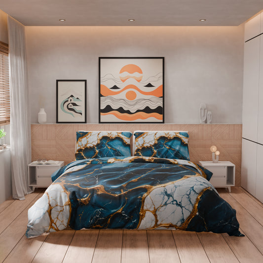 Housse de Couette Double, Simple, 1 Place et Demie, Effet Marbre Bleu