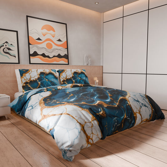 Housse de Couette Double, Simple, 1 Place et Demie, Effet Marbre Bleu
