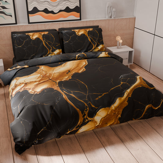Housse de Couette Double, Simple, Une Place et Demi, Effet Marbre Noir et Or