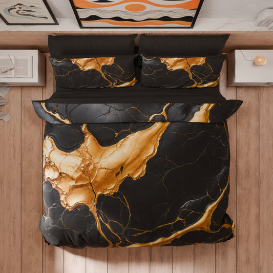 Housse de Couette Double, Simple, Une Place et Demi, Effet Marbre Noir et Or