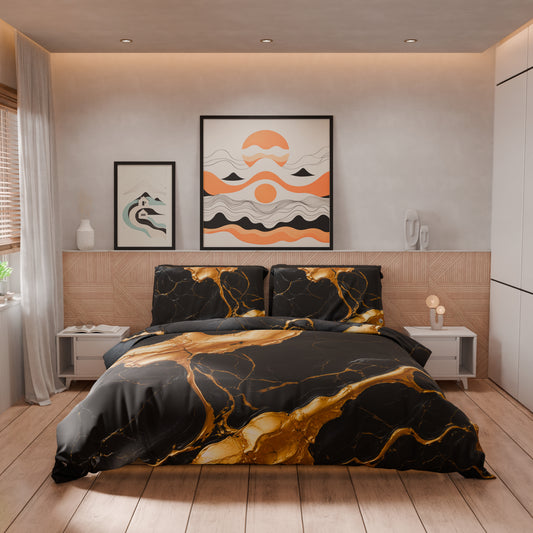 Housse de Couette Double, Simple, Une Place et Demi, Effet Marbre Noir et Or