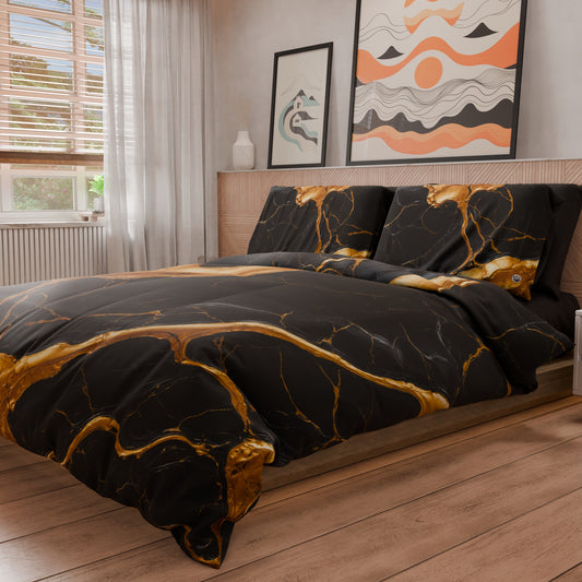 Housse de Couette Double, Simple, Une Place et Demi, Effet Marbre Noir et Or