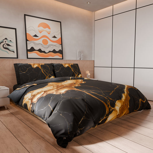 Housse de Couette Double, Simple, Une Place et Demi, Effet Marbre Noir et Or