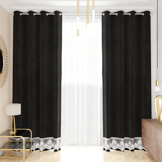 Rideau panneau en velours pour intérieur avec anneaux et dentelle rebrodée, 140x280 cm, noir par Sissy