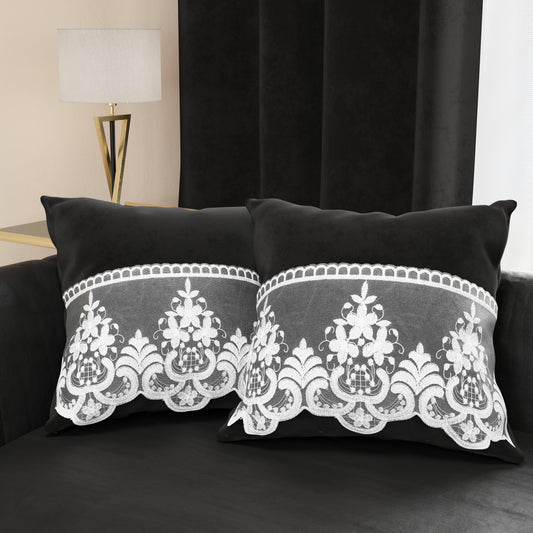 Cuscini Arredo in Velluto e Balza con Pizzo Rebrodè 2pz, Cuscini divano Nero By Sissy