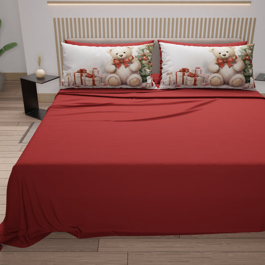 Draps de Noël en Coton, Parure de Lit avec Taies d'Oreiller en Impression Numérique Ourson 01