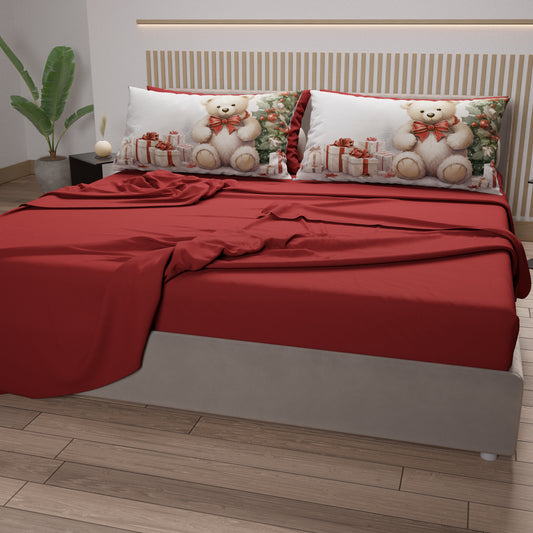 Draps de Noël en Coton, Parure de Lit avec Taies d'Oreiller en Impression Numérique Ourson 01