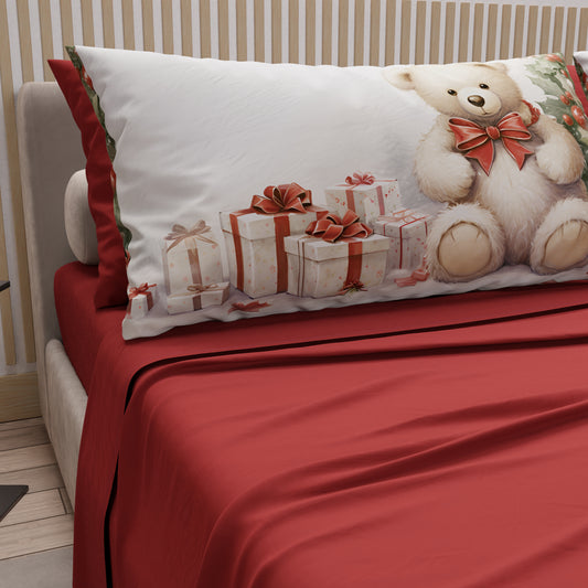 Draps de Noël en Coton, Parure de Lit avec Taies d'Oreiller en Impression Numérique Ourson 01