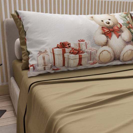 Draps de Noël en Coton, Parure de Lit avec Taies d'Oreiller en Impression Numérique Ourson 01