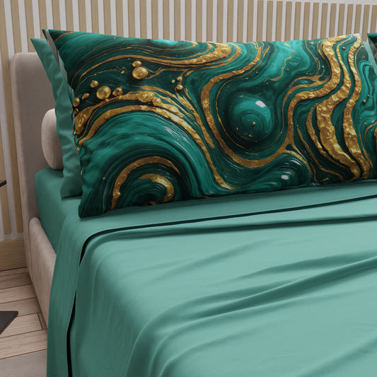 Draps en Coton, Parure de Lit avec Taies d'Oreiller en Impression Digitale Marbre Outremer