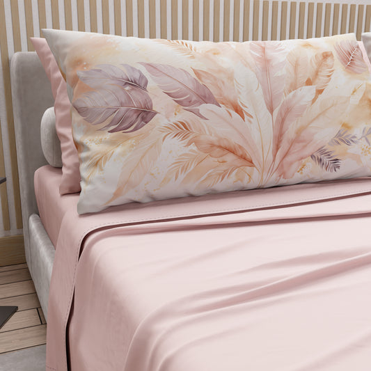 Lenzuola in Cotone, Completo Letto con Federe in Stampa Digitale Palmwater Cipria
