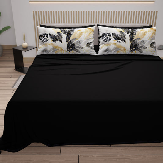 Draps en Coton, Parure de Lit avec Taies d'Oreiller en Impression Digitale Palmwater Noir