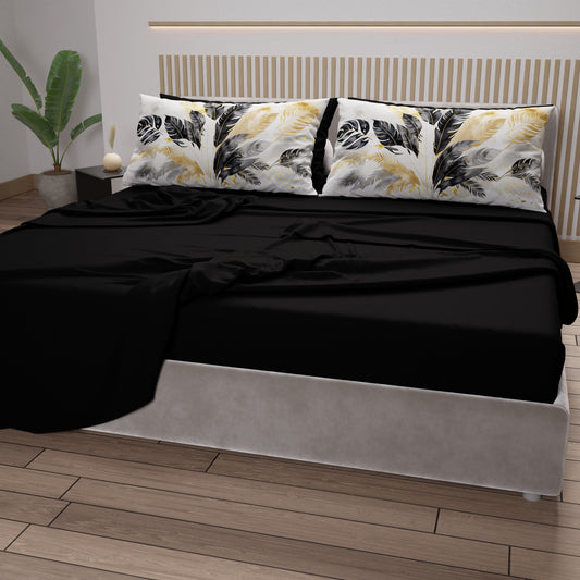 Draps en Coton, Parure de Lit avec Taies d'Oreiller en Impression Digitale Palmwater Noir