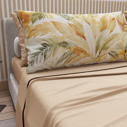 Lenzuola in Cotone, Completo Letto con Federe in Stampa Digitale Palmwater Oliva