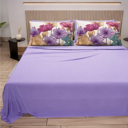 Lenzuola in Cotone, Completo Letto con Federe in Stampa Digitale Petalo 26 Lilla.