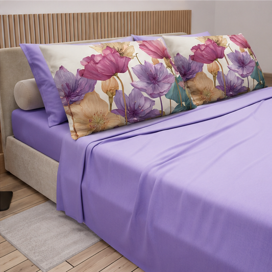 Lenzuola in Cotone, Completo Letto con Federe in Stampa Digitale Petalo 26 Lilla.
