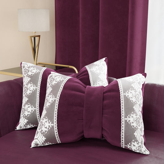 Coussin décoratif nœud en velours avec volant et dentelle rebrodée 40x50 cm, coussin de canapé prune par Sissy
