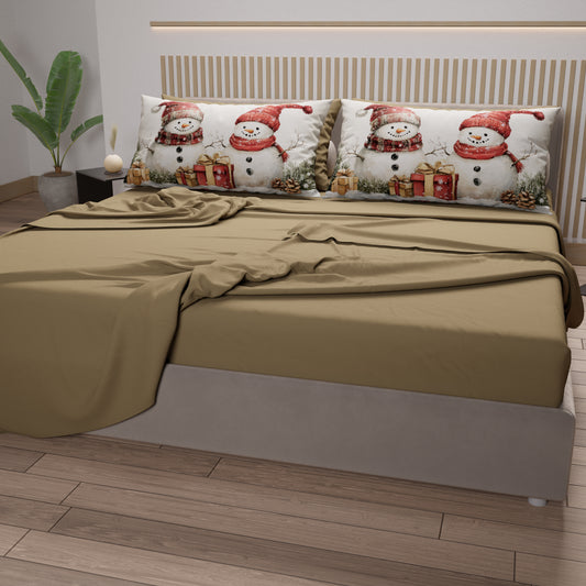 Draps de Noël en Coton, Parure de Lit avec Taies d'Oreiller en Impression Numérique Bonhomme de Neige 01