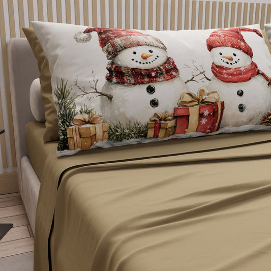 Draps de Noël en Coton, Parure de Lit avec Taies d'Oreiller en Impression Numérique Bonhomme de Neige 01