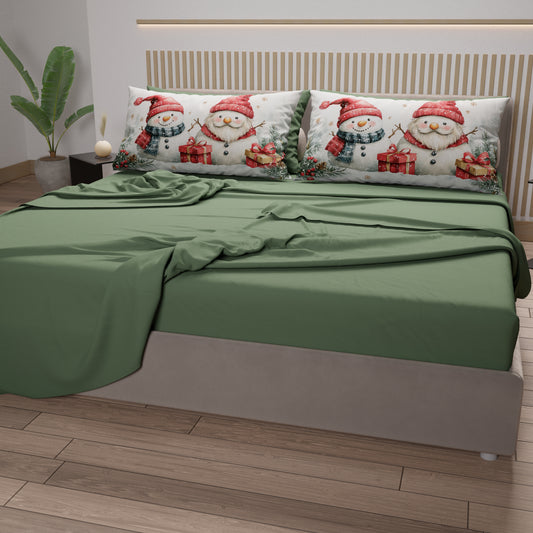 Draps de Noël en Coton, Parure de Lit avec Taies d'Oreiller en Impression Numérique Bonhomme de Neige 02
