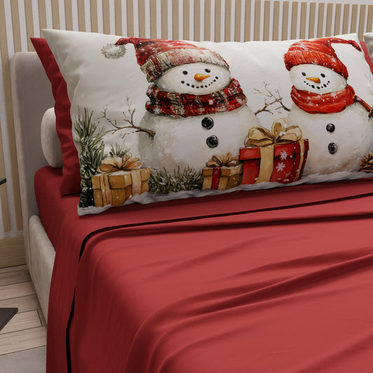 Draps de Noël en Coton, Parure de Lit avec Taies d'Oreiller en Impression Numérique Bonhomme de Neige 01