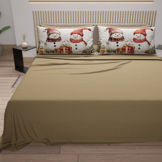 Draps de Noël en Coton, Parure de Lit avec Taies d'Oreiller en Impression Numérique Bonhomme de Neige 01
