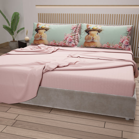Lenzuola Pasqua in Cotone, Completo Letto con Federe in Stampa Digitale, Coniglietto Cipria