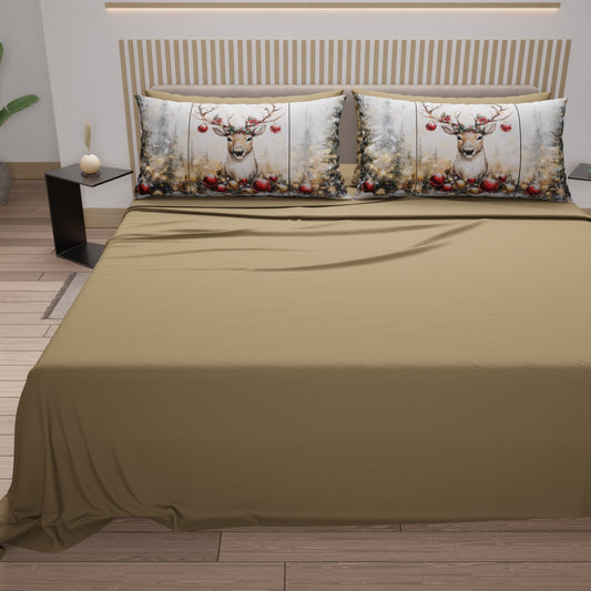 Draps de Noël en Coton, Parure de Lit avec Taies d'Oreiller en Impression Numérique Renne