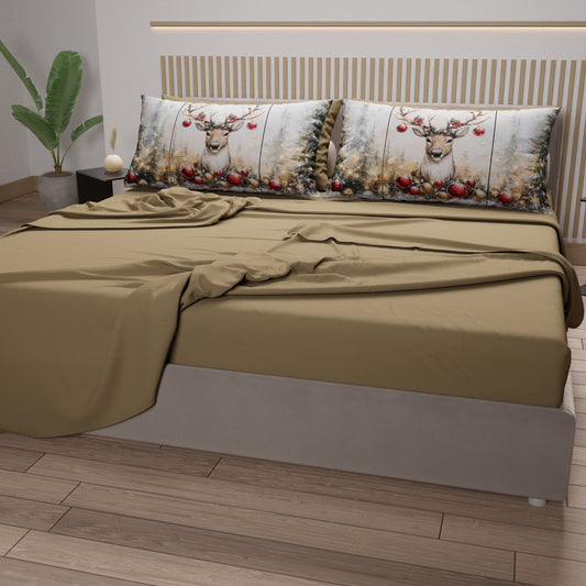 Draps de Noël en Coton, Parure de Lit avec Taies d'Oreiller en Impression Numérique Renne