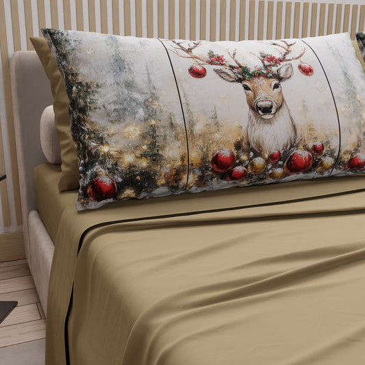 Draps de Noël en Coton, Parure de Lit avec Taies d'Oreiller en Impression Numérique Renne