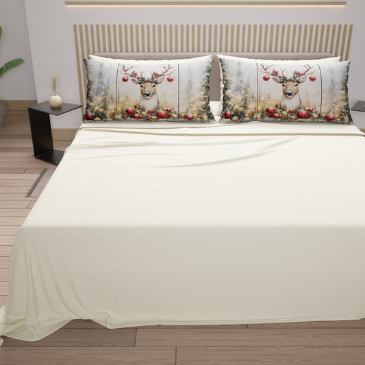 Draps de Noël en Coton, Parure de Lit avec Taies d'Oreiller en Impression Numérique Renne