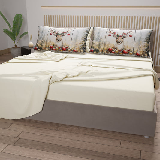 Draps de Noël en Coton, Parure de Lit avec Taies d'Oreiller en Impression Numérique Renne