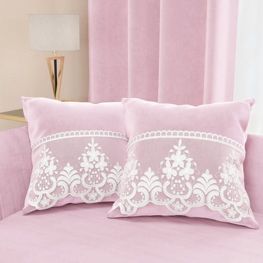 Cuscini Arredo in Velluto e Balza con Pizzo Rebrodè 2pz, Cuscini divano Rosa By Sissy