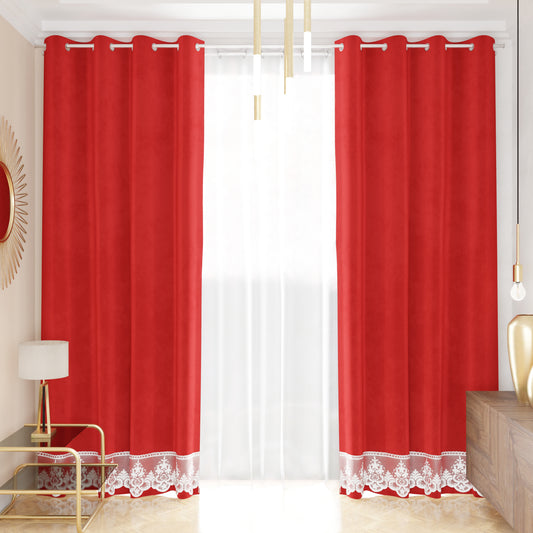 Rideau panneau en velours pour intérieur avec anneaux et dentelle rebrodée, 140x280 cm, rouge par Sissy