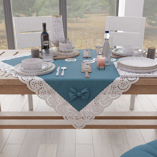 Centre de Table Cuisine Élégant Shabby Chic avec Dentelle et Noeuds Bleu Avion