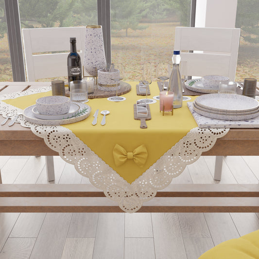 Centre de table cuisine élégant shabby chic avec dentelle et nœuds jaune
