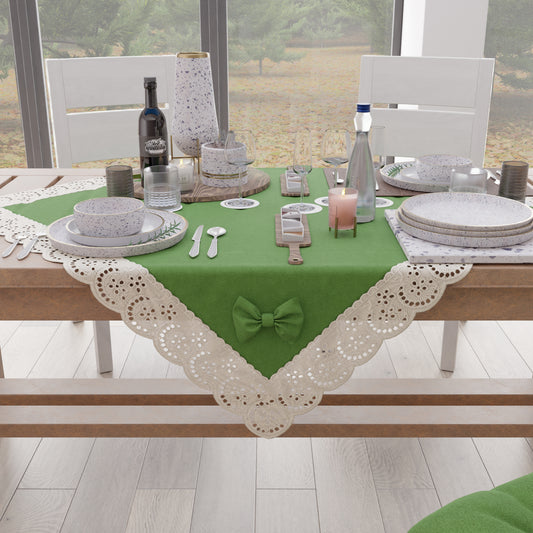 Centre de table cuisine élégant shabby chic avec dentelle et nœuds vert