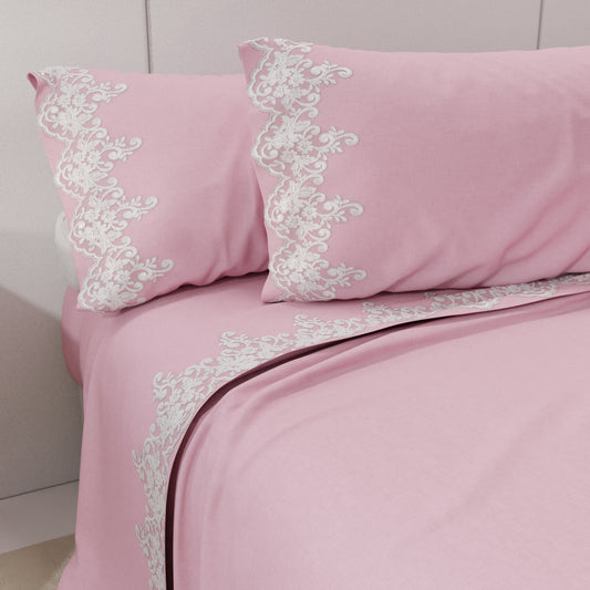 Lenzuola Percalle con Pizzo, Lenzuola Matrimoniali Cotone Rosa