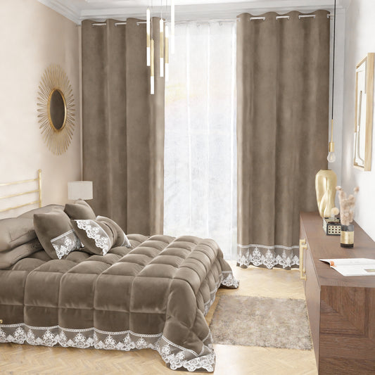 Rideau panneau en velours pour intérieur avec anneaux et dentelle rebrodée, 140x280 cm, Boue par Sissy