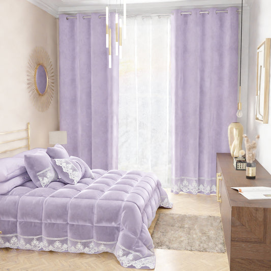 Rideau panneau en velours pour intérieur avec anneaux et dentelle rebrodée, 140x280 cm, Lilas par Sissy