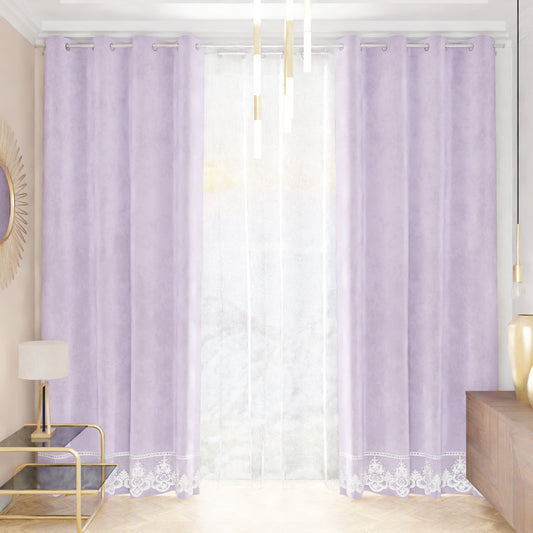Rideau panneau en velours pour intérieur avec anneaux et dentelle rebrodée, 140x280 cm, Lilas par Sissy